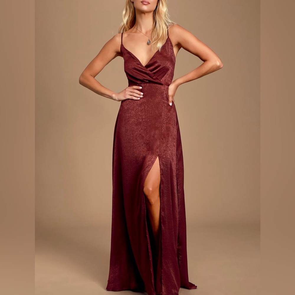 NWOT Lulus Constantine Burgundy Satin Maxi Dress